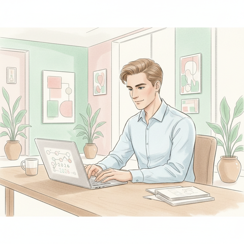 Молодой предприниматель в современном интерьере работает за ноутбуком, изучая этапы регистрации ИП в 2026 году для легального старта бизнеса в сфере недвижимости и финансов.