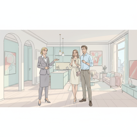 Риелтор проводит презентацию современной квартиры в новостройке для потенциальных клиентов, демонстрируя профессиональный подход к привлечению покупателей в сфере недвижимости.