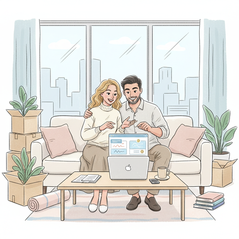 Счастливая пара в новой квартире выбирает на ноутбуке самое выгодное и дешевое страхование ипотеки, сравнивая цены страховых компаний онлайн для экономии бюджета.