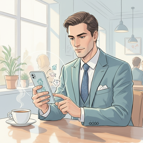 Мужчина оформляет налоговый вычет на смартфоне, сидя в кафе с чашкой кофе, что символизирует простой процесс возврата НДФЛ за жилье, обучение и лечение в 2026 году.