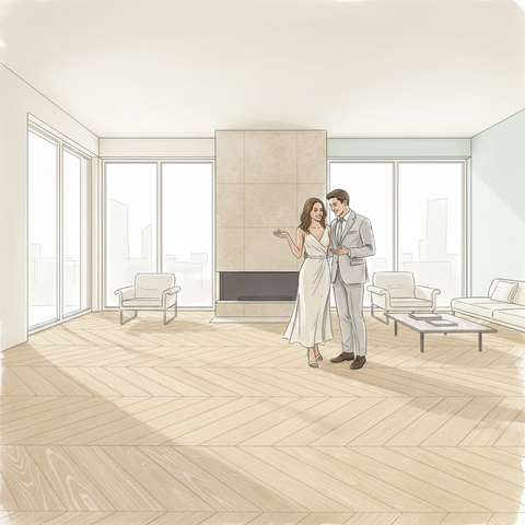 Современный интерьер пустой светлой квартиры с качественным напольным покрытием, отражающий выбор идеального пола для дома в соответствии с трендами 2026 года.