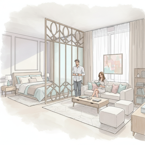 Современный дизайн интерьера: пример зонирования комнаты на спальню и гостиную с помощью стильной перегородки и мебели для создания функционального пространства в квартире-студии.