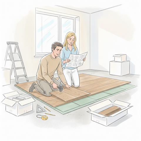 Процесс самостоятельной укладки ламината с текстурой натурального дуба на подготовленное основание пола в квартире, создание эстетичного и ровного напольного покрытия своими руками по пошаговой инструкции.