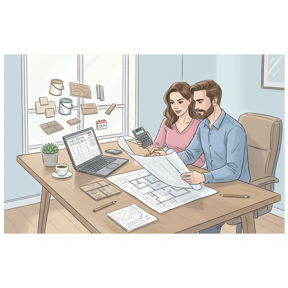 Человек планирует бюджет и составляет подробную смету на ремонт квартиры в 2026 году, используя ноутбук, калькулятор и чертежи для точного расчета стоимости строительных материалов и отделочных работ.