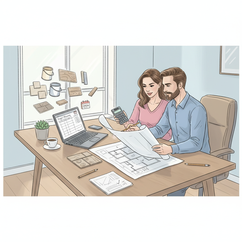 Человек планирует бюджет и составляет подробную смету на ремонт квартиры в 2026 году, используя ноутбук, калькулятор и чертежи для точного расчета стоимости строительных материалов и отделочных работ.