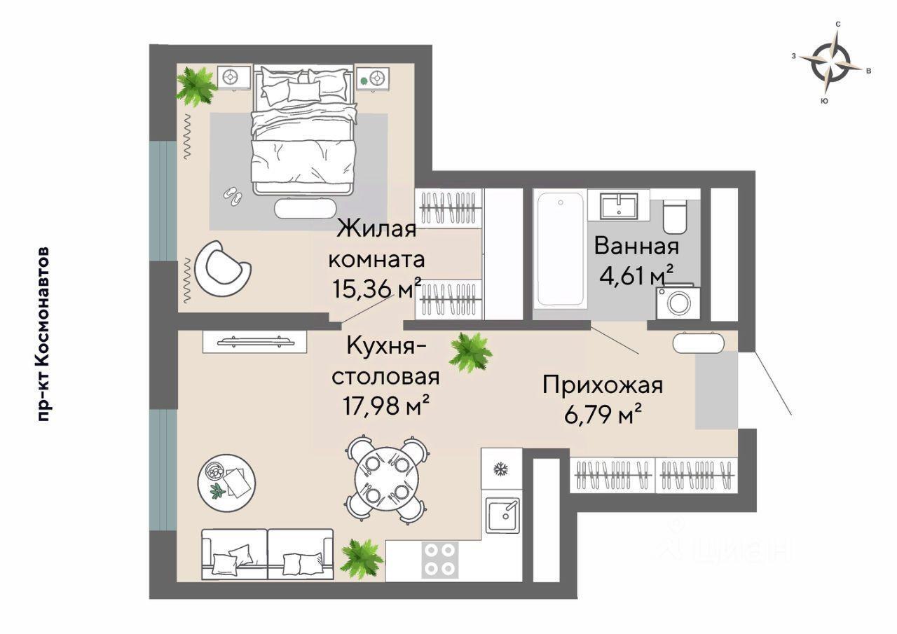 квартира г Екатеринбург р-н Орджоникидзевский пр-кт Космонавтов 100 фото 2