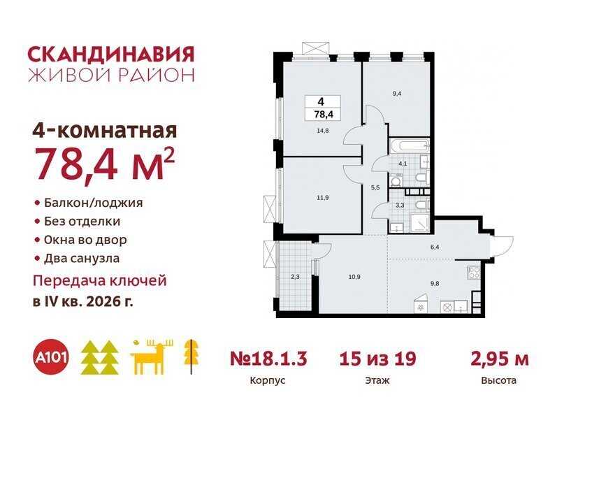 квартира г Москва метро Коммунарка метро Бульвар Адмирала Ушакова ТиНАО жилой комплекс Скандинавия, 18. 2.1 фото 1