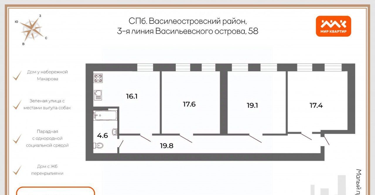 квартира г Санкт-Петербург метро Спортивная 3-я Васильевского острова линия, 58 фото 2