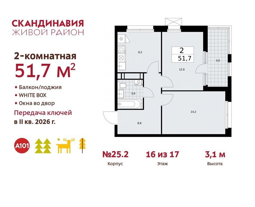 квартира г Москва метро Коммунарка ТиНАО жилой комплекс Скандинавия, 25. 2 фото 1