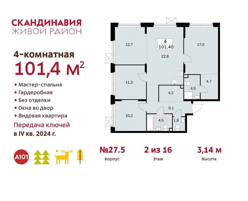 квартира г Москва метро Коммунарка ТиНАО жилой комплекс Скандинавия, к 27. 1 фото 1