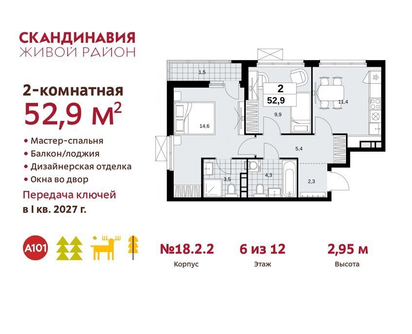 квартира г Москва метро Коммунарка метро Бунинская аллея ТиНАО жилой комплекс Скандинавия, 18. 2.2 фото 1