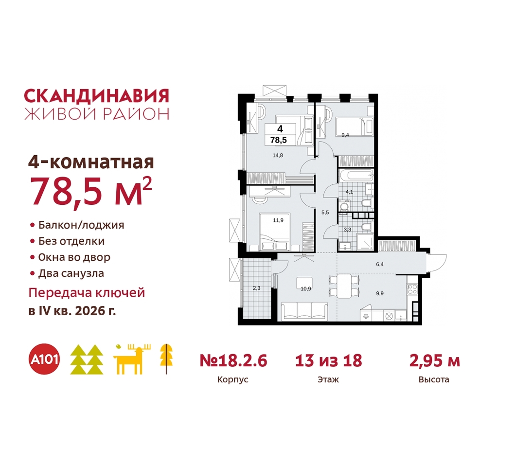 квартира г Москва п Сосенское жилой район «Скандинавия» Сосенское, жилой комплекс Скандинавия, 18. 2.6, Бутово фото 1