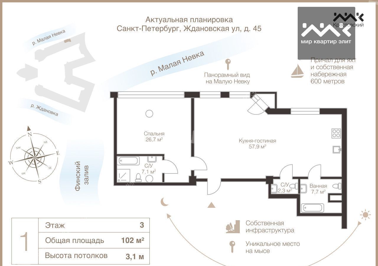 квартира г Санкт-Петербург метро Чкаловская ул Ждановская 45 округ Петровский, Петроградка фото 22