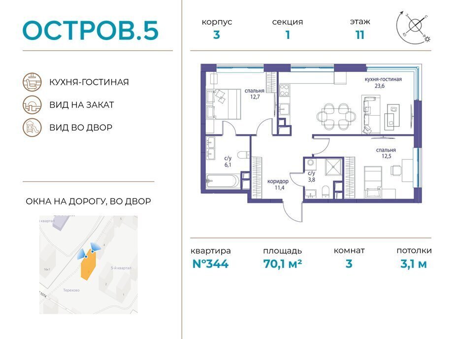 квартира г Щербинка квартал № 1 метро Терехово ЖК «Остров» 2 5-й фото 1