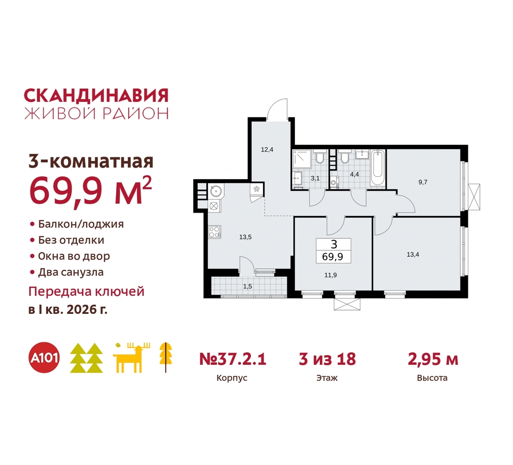 квартира г Москва п Сосенское жилой район «Скандинавия» Сосенское, жилой комплекс Скандинавия, 37. 2.1, Бутово фото 1