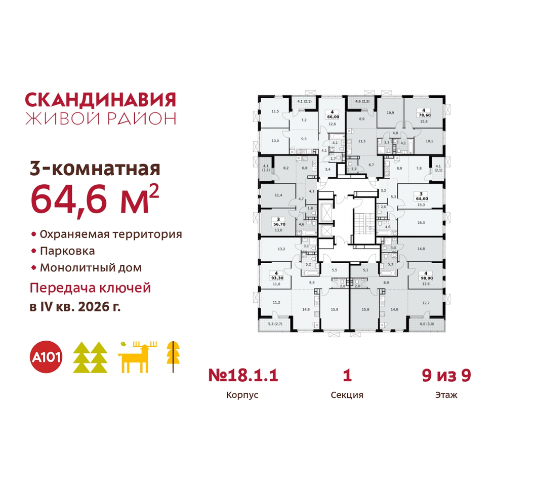 квартира г Москва п Сосенское жилой район «Скандинавия» Сосенское, жилой комплекс Скандинавия, 18. 1.1, Бутово фото 2