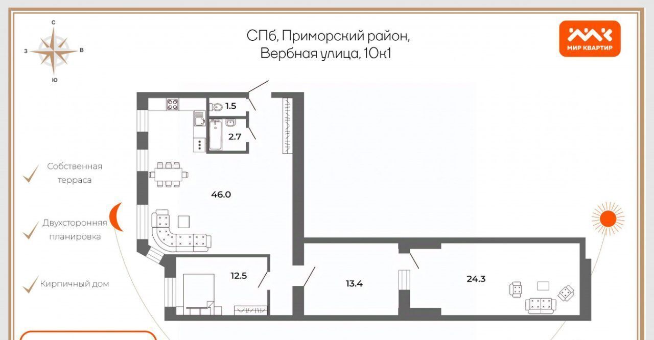 квартира г Санкт-Петербург метро Озерки ул Вербная 10к/1 округ Коломяги фото 2