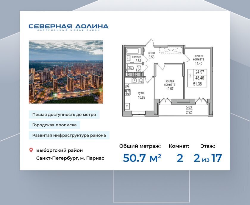 квартира г Санкт-Петербург п Парголово ул Заречная 52к/1 ЖК «Северная Долина» метро Парнас фото 1