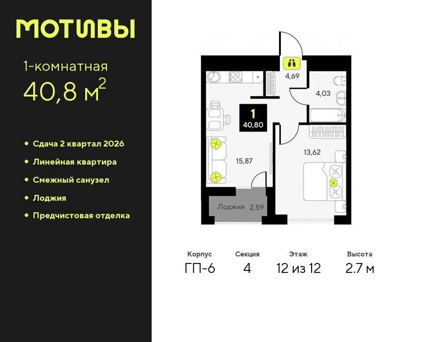 квартира г Тюмень ул Андрея Приказнова 1 ЖК «Мотивы» Калининский административный округ фото 1