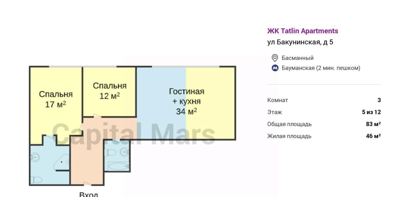 квартира г Москва метро Бауманская ул Бакунинская 5 фото 3