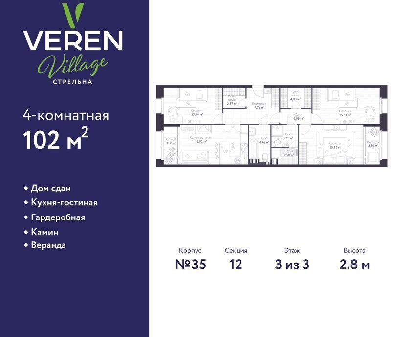 квартира г Санкт-Петербург п Стрельна ш Красносельское 22 ЖК «VEREN VILLAGE стрельна» метро Автово р-н Петродворцовый фото 1