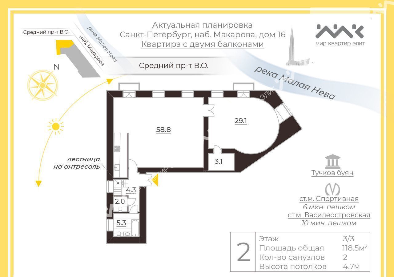 квартира г Санкт-Петербург метро Спортивная наб Макарова 16/2 фото 19