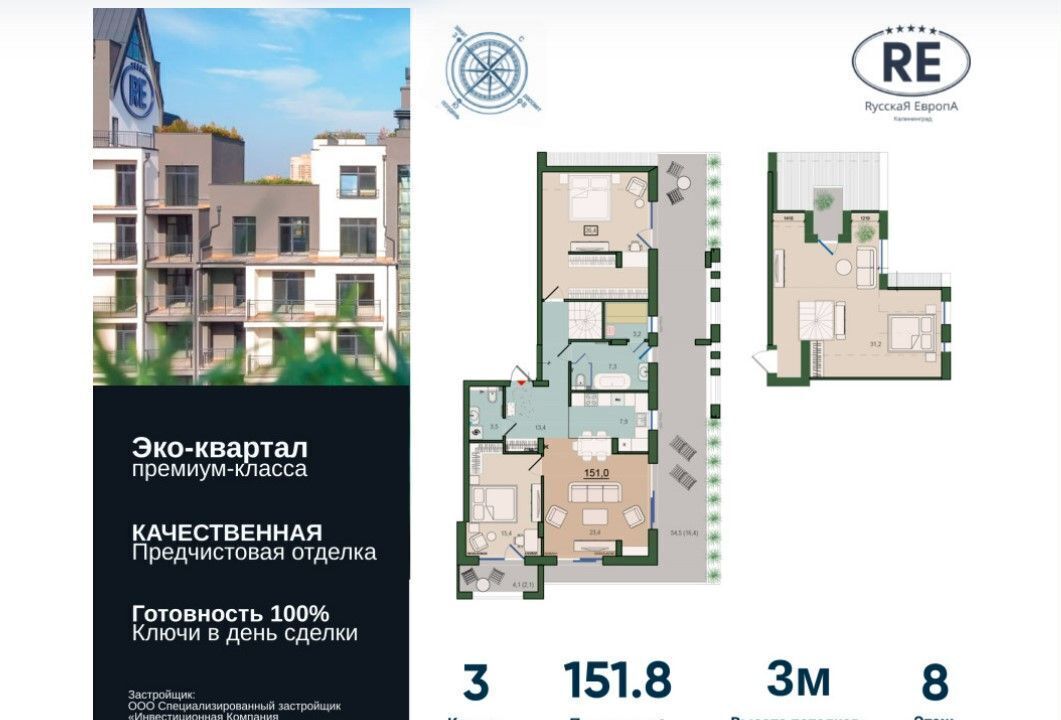 квартира г Калининград р-н Ленинградский ЖК «Русская Европа» ул. Суздальская/Молодой Гвардии, стр. 5 фото 2