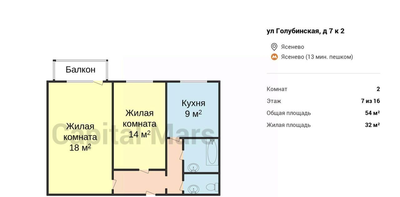 квартира г Москва метро Ясенево ул Голубинская 7к/2 фото 3