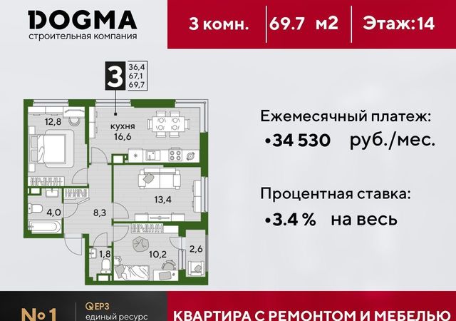 квартира г Краснодар р-н Прикубанский ул им. Марины Цветаевой 3 Мкр. «DOGMA PARK» Прикубанский округ фото