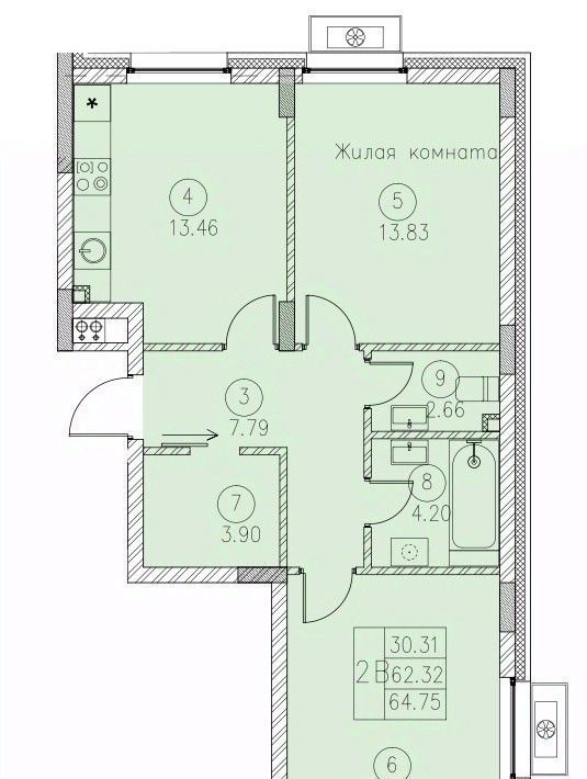 квартира г Казань городок Военный 33 Аметьево, 3 фото 1